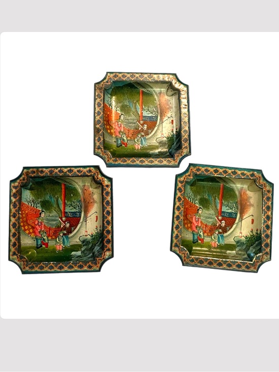 Vintage Other - Mid-Century Chinoiserie Tin Lithograph Tip Trays / Coasters - 3pc Set